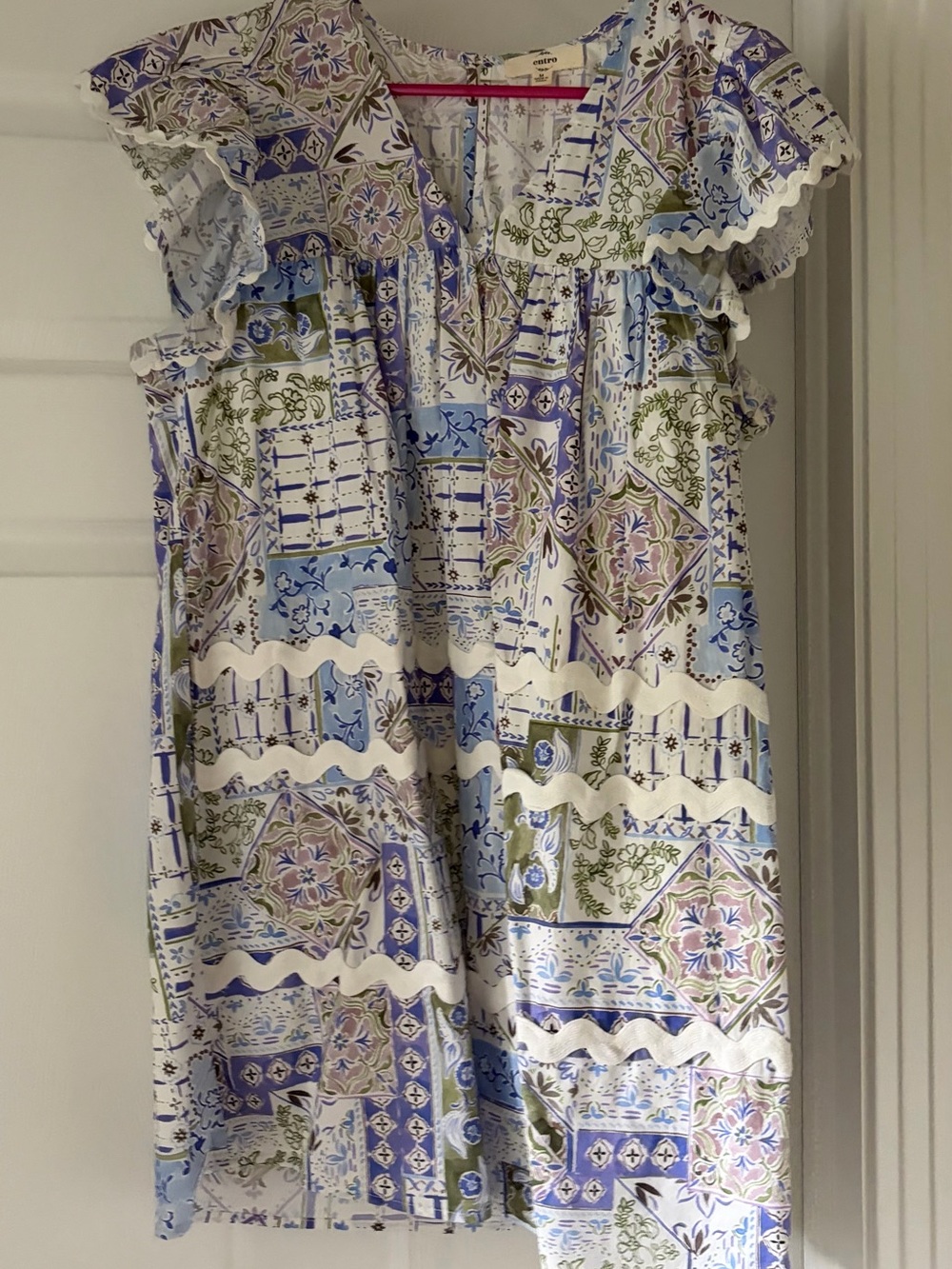 entro Floral Patchwork Ruffled Cap-Sleeve Dress in White, Blue, Lavender, Olive